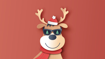 A reindeer wears santa claus costume at Christmas. Handsome reindeer. paper cut and craft style. vector, illustration.