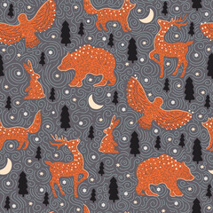 Forest animals adventure background, Christmas Night woodland seamless pattern - 476222018