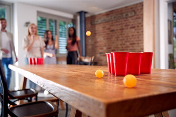 Multi-Cultural Group Of Friends Playing Game At Home Together Throwing Ball Into Plastic Cup