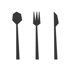 Vector flat isolated illustration with simplified and geometric images of kitchen cutlery: knife, soup spoon, fork. Black elements on white background. Minimalistic design