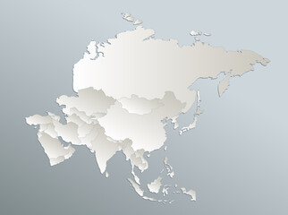 Asia map, separate states, blue white card paper 3D blank