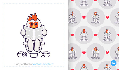 Seamless pattern with cartoon chicken on white background. Can be used on packaging paper, cloth and others.