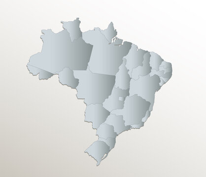 Brazil map, administrative division, white blue card paper 3D blank