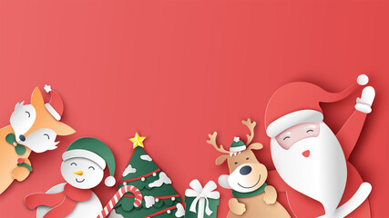 Santa Claus with his companions snowman, reindeer and fox are happy in Christmas. Merry Christmas. paper cut and craft design. vector, illustration. © ibom