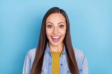 Fototapeta premium Photo of brunette cool mature lady wear jeans shirt isolated on blue color background