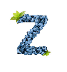 Letter Z, made with fresh blueberries isolated on white. Bluberries font of full alphabet set of upper case letters.