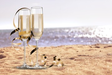 Christmas champagne of the new year 2021 on the sand on the beach