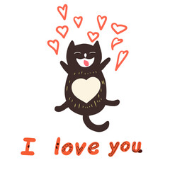 Cat hovering in the air, bouncing, In a cloud of hearts, Valentine's Day, lettering I love you
