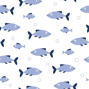Seamless pattern of blue fishes and bubbles on white background. Good for textile, paper, background, scrapbooking.