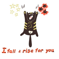 Falling fat cat in love with flowers, Valentine's Day lettering I fall and rise for you