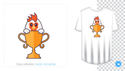 Cute chicken character. Prints on T-shirts, sweatshirts, cases for mobile phones, souvenirs. Isolated vector illustration on white background.