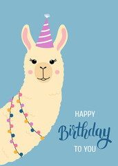Happy birthday greeting card with cute llama head. Funny alpaca with birthday hat and lights. Template for nursery design, poster, birthday card, invitation, baby shower and party decor © Yaryna