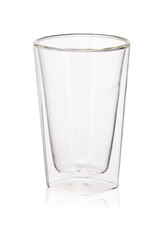 Detailed shot of a glass with a double bottom. The cocktail glass is transparent. The glass drinkware is isolated on the white background. 