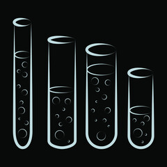 Chemical test tubes vector icons set minimalist simple illustrations. Experiment chemical flasks for science isolated on black background.
