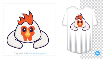 Cute chicken character. Prints on T-shirts, sweatshirts, cases for mobile phones, souvenirs. Isolated vector illustration on white background.