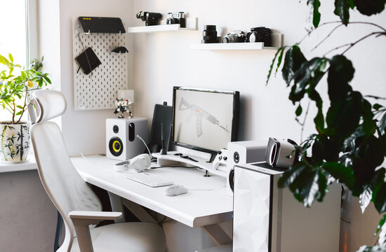 General View Home Workplace Of Gamer With Computer And Gamepad. 