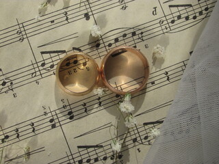 Wedding flat lay. Still life of gold rings, veil, musical notes and gypsophila
