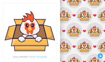 Fototapeta premium Seamless pattern with cartoon chicken on white background. Can be used on packaging paper, cloth and others.