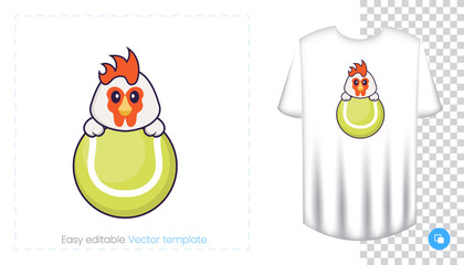 Cute chicken character. Prints on T-shirts, sweatshirts, cases for mobile phones, souvenirs. Isolated vector illustration on white background.