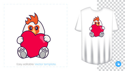 Cute chicken character. Prints on T-shirts, sweatshirts, cases for mobile phones, souvenirs. Isolated vector illustration on white background.