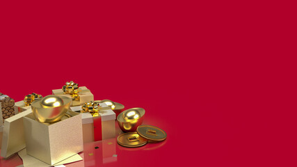 The Chinese  gold money and gift box on red background  for business or holiday concept 3d rendering