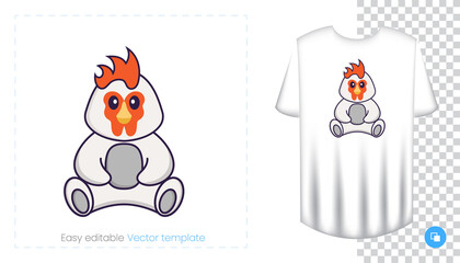 Cute chicken character. Prints on T-shirts, sweatshirts, cases for mobile phones, souvenirs. Isolated vector illustration on white background.