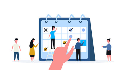 work schedule business event and calendar concept. People with schedules and notes organize meetings.