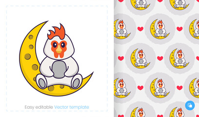 Seamless pattern with cartoon chicken on white background. Can be used on packaging paper, cloth and others.