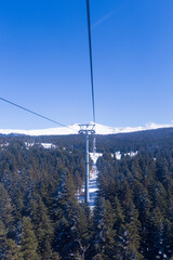 Ski slopes and Ski lifts. Small pine trees with snow. Mountain skiing and snowboarding. View of Erzurum city from Palandoken mountain