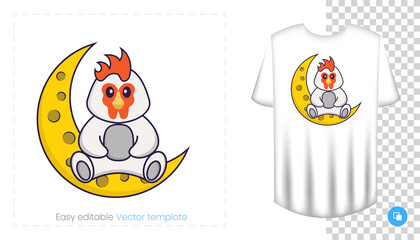 Cute chicken character. Prints on T-shirts, sweatshirts, cases for mobile phones, souvenirs. Isolated vector illustration on white background.