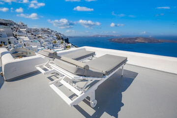 The sea view terrace at luxurious hotel, Santorini island, Greece. Luxury summer vacation...