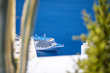 Beautiful view of picturesque town of Thira, caldera and volcano on the Mediterranean Sea....