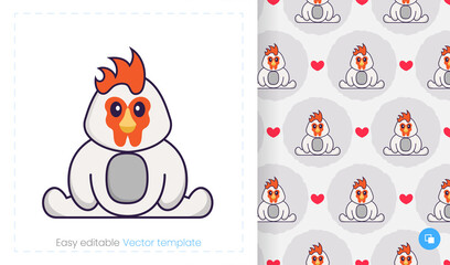 Seamless pattern with cartoon chicken on white background. Can be used on packaging paper, cloth and others.