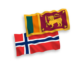 National vector fabric wave flags of Norway and Sri Lanka isolated on white background. 1 to 2 proportion.