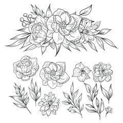 set of beautiful line art rose flower arrangement bouquet