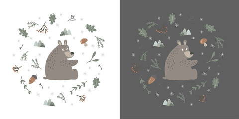 Print bear in circle shape. Nordic style forest for kids. White and black background. Winter art for children's room . Woodland creatures.