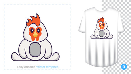 Cute chicken character. Prints on T-shirts, sweatshirts, cases for mobile phones, souvenirs. Isolated vector illustration on white background.