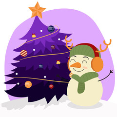 Decorated christmas tree and  snowman with headphone, decoration balls and lamps.