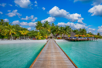 Amazing panorama landscape of Maldives beach. Tropical beach landscape seascape, luxury water villa resort wooden jetty. Luxurious travel destination background for summer holiday and vacation concept