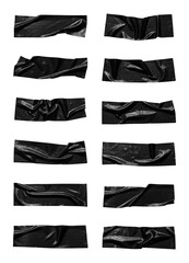Black wrinkled adhesive tape of different sizes isolated on white background. Vector illustration.