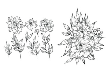 set of beautiful line art rose flower arrangement bouquet