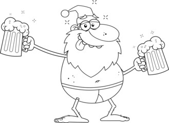 Outlined Drunk Santa Claus Cartoon Character With Two Mugs Of Beer. Vector Hand Drawn Illustration Isolated On Transparent Background