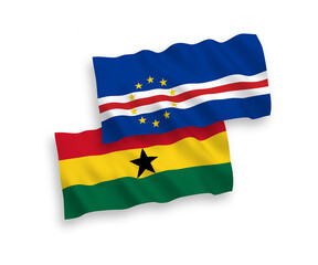 National vector fabric wave flags of Republic of Cabo Verde and Ghana isolated on white background. 1 to 2 proportion.
