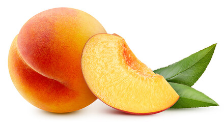 Peach with leaf isolated on white background
