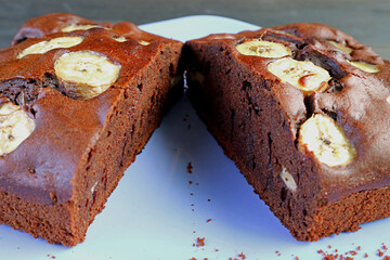 Closeup Mouthwatering Moist Texture of Wholemeal Chocolate Banana Cake on a Plate