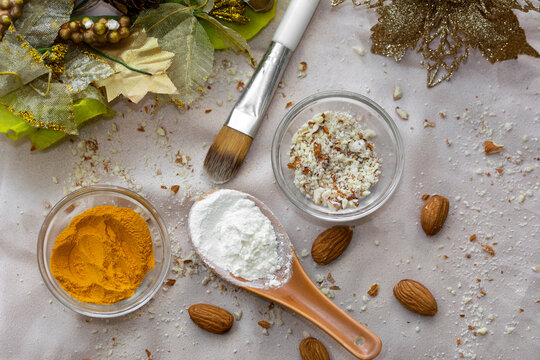 Organic, Homemade Face Pack With Almond Powder, Turmeric Powder And Flour For Instant Glow And Fairness