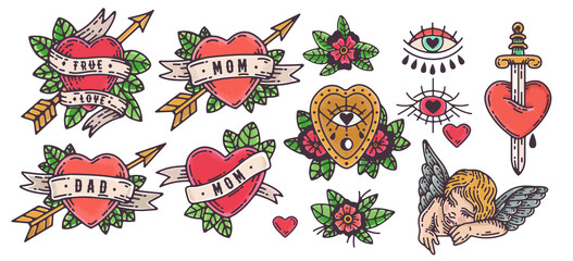 old school tattoo illustration vector set. hand drawn valentine heart illustrations, angel, pierced heart, mom heart tattoo, dad heart tattoo, amor, love  traditional tattoo style - obrazy, fototapety, plakaty