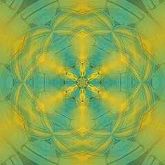 textured yellow and dull green background with vertical steel ladder with strong shadows hexagonal kaleidoscopic pattern 
