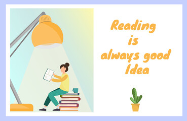 Card with happy young tiny woman reading book under the lamp with a cup of coffee, hoobies concept, education concept, flat vector illustration