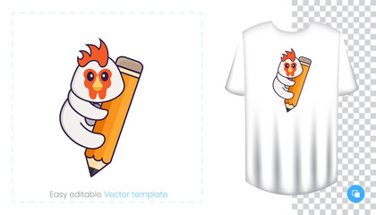 Cute chicken character. Prints on T-shirts, sweatshirts, cases for mobile phones, souvenirs. Isolated vector illustration on white background.